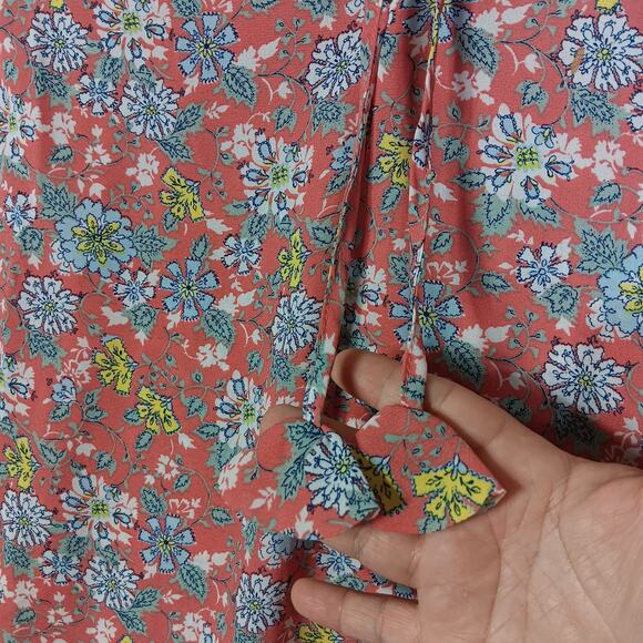 Max Studio Floral Bohemian blouse Size Large Orange Blue Yellow Short Sleeve - Picture 7 of 8